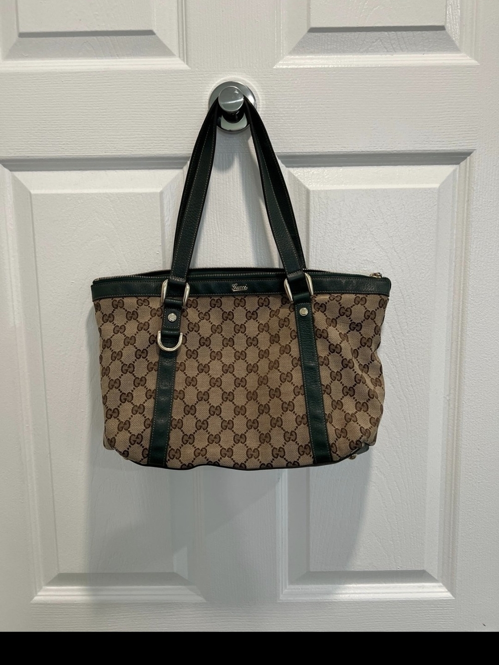 Gucci Beige GG Canvas Tote with Dark Green Trim